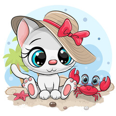 White Kitty in a hat and cute crab on the beach