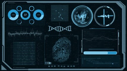 Fototapete - HUD. graphic interface finger print match DNA. futuristic infographic motion with 3d rendering include alpha path prores4444 format.