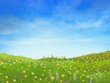 Hills with green grass and yellow flowers under the blue sky and thin clouds.  Illustration made from a tablet, used as a background for the season concept.