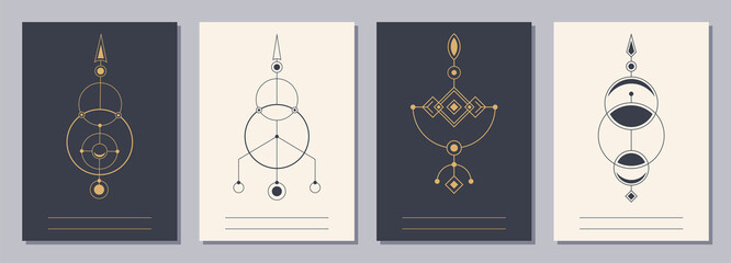 Set of flyers, posters, placards, brochure design templates A6 size with geometric icons. Symbols of magic, alchemy, spirituality, occultism. Vertical blanks with sacral geometric signs.