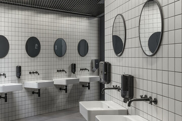 Wall Mural - Modern public restroom minimal interior with metro style white tiles, round mirrors, black ceiling