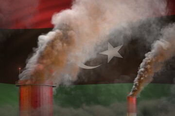 Global warming concept - heavy smoke from industrial chimneys on Libya flag background with space for your content - industrial 3D illustration