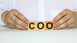 © Valeria - A businessman holds wooden cubes with a word COO on a white background, with space to copy the text, business concept
