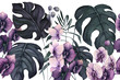 Horizontal Seamless Border of Watercolor Dark Tropical Leaves and Orchids