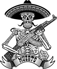 Sticker - mexican skull holding ak47 assault rifle