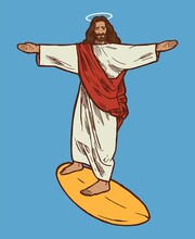 Jesus Christ Character Surfing Isolated Vector Illustration.