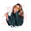Beautiful young woman with plastic coffee cup in her hand. Stylish girl, colored drawing, realistic. Vector illustration of paints