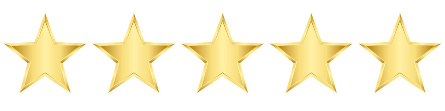 Five vector gold stars. Realistic 3d decor element star rating