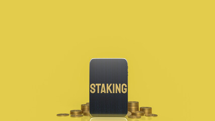 The gold word staking and tablet for business or cryptocurrency concept 3d rendering..