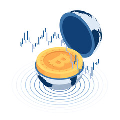 Poster - Isometric Bitcoin Inside The World Globe with Stock Market Candlestick Chart
