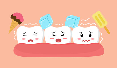 Sensitive teeth cartoon character with ice and ice cream in flat design. Tooth sensitivity symptom concept.