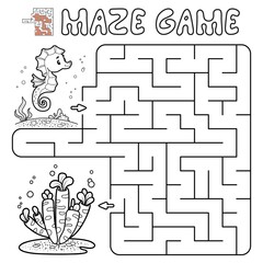 Wall Mural - Maze puzzle game for children. Outline maze or labyrinth game with fish.