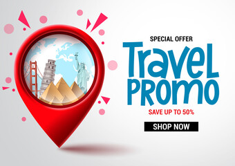 travel sale vector banner design. travel promo special offer text with location pin elements for adv