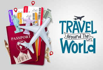 Wall Mural - Travel world vector background design. Travel around the world text with traveler passport and ticket elements for trip and tour worldwide vacation. Vector illustration 