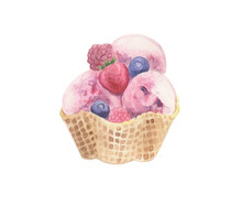 Three Balls Of Ice Cream With Raspberries, Strawberries And Blueberries In A Waffle Cup. Hand-drawn Watercolor Illustration.