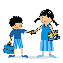 Wall Mural - Boy with school bag and teacher with books, cute vector illustration,  color picture on white background