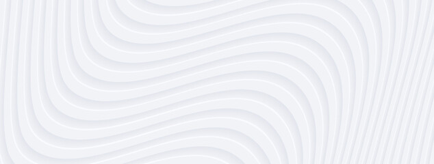 Poster - 3D white silver wavy background for business presentation. Abstract flow elegant pattern. Minimalist empty striped blank BG. Halftone monochrome cover with modern digital minimal color.
