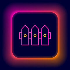 Canvas Print - Glowing neon line Garden fence wooden icon isolated on black background. Colorful outline concept. Vector