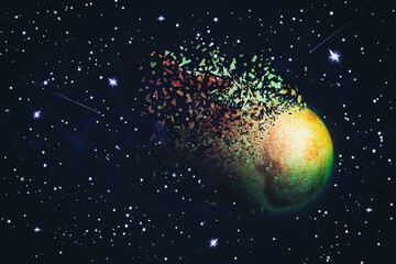 Planet is falling apart in the cosmic starry sky. Dispersion effect. Abstract space background.