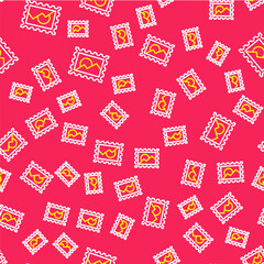 Poster - Line Postal stamp icon isolated seamless pattern on red background. Vector