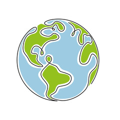 Poster - Earth globe in one continuous line drawing.Round World map in simple doodle style.Infographic territory geography presentation isolated on white background. Editable stroke.Color Vector illustration