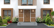 Modern architectural element of the building facade. 3D rendering of a city house with a wooden front door, windows and a blooming garden.