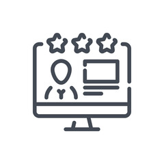 Poster - Online review and rating line icon. Computer with person profile and rating stars vector outline sign.