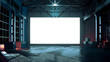 3d rendering of dark empty factory interior or warehouse with glowing white screen in the middle