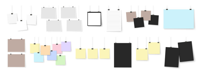 Wall Mural - Posters on binder clips. Paper notes collection. Realistic vector mockup illustrations. Empty framings and notes for your design, drawings, logos or quotes.