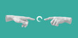 Leinwandbild Motiv Digital collage modern art. Hand reaching out, pointing finger together