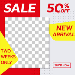 Wall Mural - Sale banner template for social media post. Modern discount poster or frame for web advertising and promotion with 50 percent price off. Vector illustration.