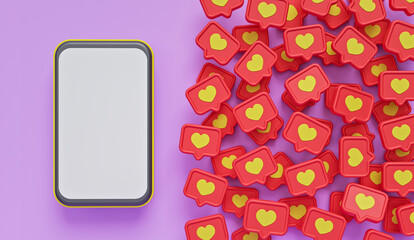 Poster - social media heart Like symbols and smartphone. 3d rendering