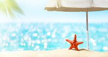 Summer Vacation Background. Sea, Sand Beach, Umbrella