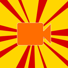Video Camera Symbol On A Background Of Red Flash Explosion Radial Lines. The Large Orange Symbol Is Located In The Center Of The Sun, Symbolizing The Sunrise. Vector Illustration On Yellow Background