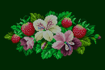 Wall Mural - vector art cross stitch flowers and berries