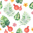 Seamless tropical-themed pattern with green monstera leaves, palm trees, red-pink pomegranate, pink and yellow tropical flowers for design and decor. Great for scrub paper, fabrics, decor
