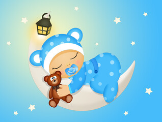 Sticker - illustration of baby sleeping on the moon with teddy bear