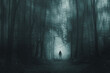 A spooky hooded figure, standing in a winter forest. With glowing supernatural lights. With a blurred, grunge, grainy edit