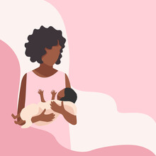Happy Black Mom With Baby In Her Arms After Childbirth. The Joy Of Motherhood. Love And Care For Children. Mother's Day, Vector Illustration On Abstract Minimalistic Background ..