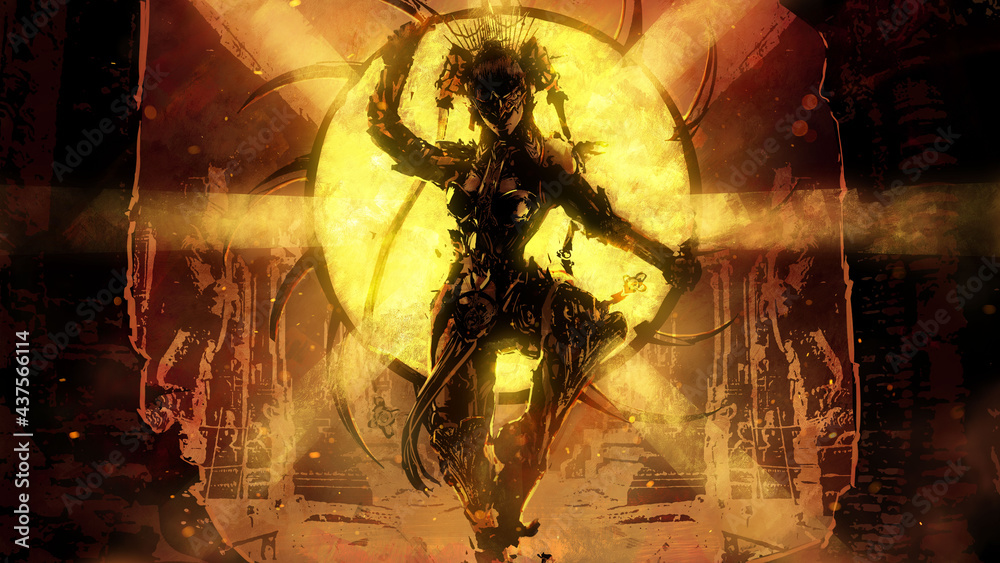 An acrobat with a dangerous hoop hung with sharp blades in an Indian-style cyber suit stands in the middle of an abandoned ancient temple, behind him a bright golden sun 2d illustration - obrazy, fototapety, plakaty 