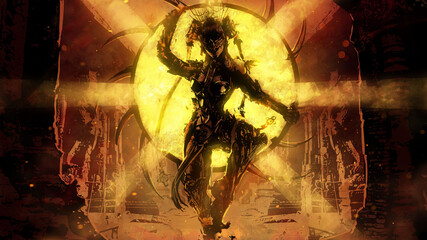 An acrobat with a dangerous hoop hung with sharp blades in an Indian-style cyber suit stands in the middle of an abandoned ancient temple, behind him a bright golden sun 2d illustration