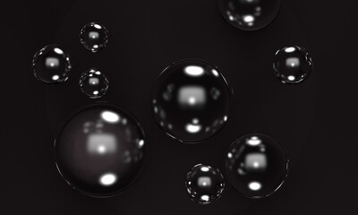 Poster - Abstract dark background with flying transparent balls. 3d rendering
