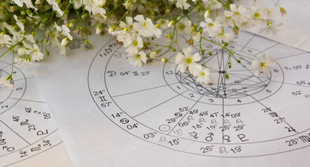 printed astrology charts with planets and small white spring flowers in the background