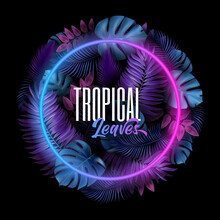 Tropic Leaves The Background With A Neon Lights Circle For Your Text. Nature Tropical Flyer With Exotic Palm Leaves And Plants. Concept Creative Card.