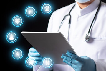 Poster - Medical doctor with digital tablet, Medicine doctor  hand touching icon medical network connection with modern virtual screen interface, medical technology network concept.