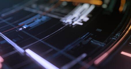 Poster - Abstract hi-tech digital technology background. holographic plates. decoding, encoding digital circular motion. 3D rendering