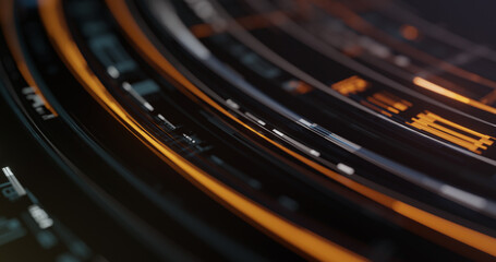 Poster - abstract high tech digital technology background made of particles, disc and holographic plates. dec