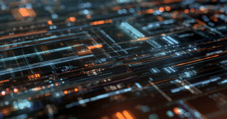 Poster - high tech background. digital neon lights, square elements and dots on dark background. big data vis
