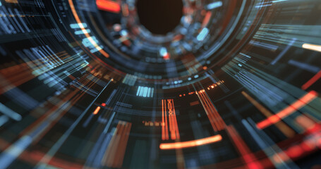 Poster - abstract tech background, tunnel made of microchips and neon lights. 3d rendering