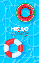 Swimming Pool Summer Background With Colorful Lifebuoys. Hello July Concept. Pool Party Template Banner. Float Rings. Vector Illustration In Trendy Flat Style.